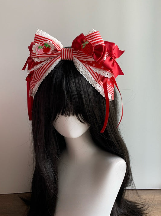 Theme Red Lolita KC Hairband Oversized Stand-Up Strawberry Striped Bowknot / Sweet