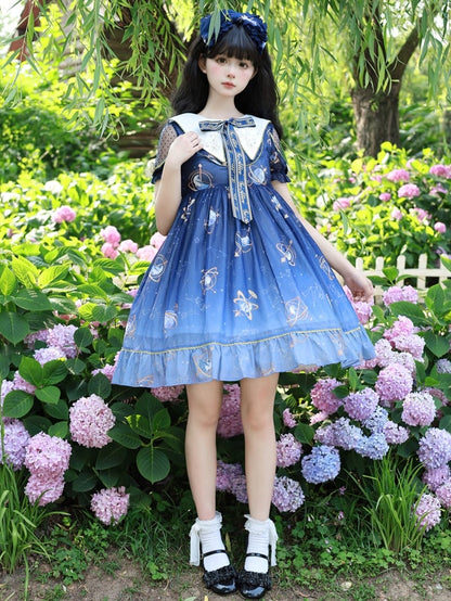 Navy Blue Celestial Globe & Starry Bow Accents Flounce Hem Lolita Dress