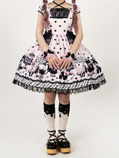Lolita Black Dress Dot with Sweet Cat Polka Pink Accents Print Bow