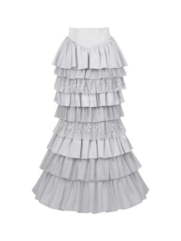 Multi-Layer Ruffled Silver Skirt Lolita Mermaid Boned Gothic Waist