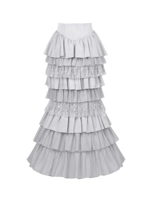 Multi-Layer Ruffled Silver Skirt Lolita Mermaid Boned Gothic Waist