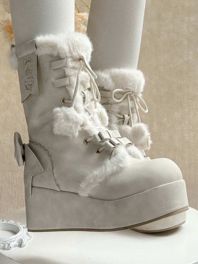 Fleece White Bow Sweet Lining Star Platform Boots Lolita Charm And Pompon Shoelaces for Heart Decor with Winter 4cm -