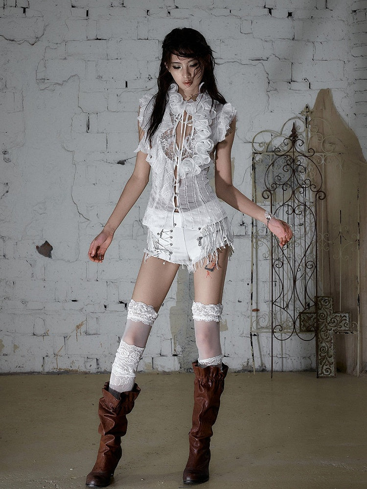 Punk White Denim Shorts with Leather Panels & Fringe - NO ROMANCE