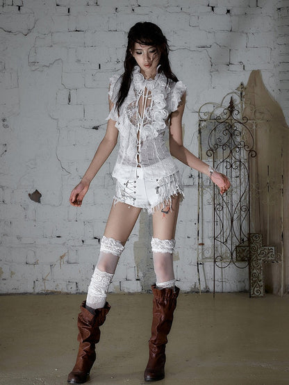 Punk White Denim Shorts with Leather Panels & Fringe - NO ROMANCE