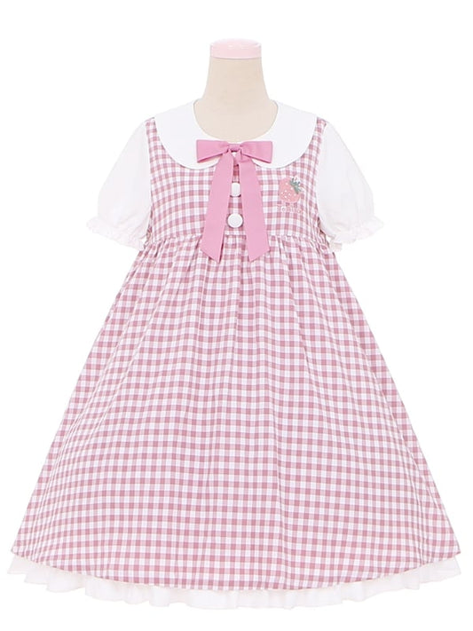 Rosa Erdbeerkleid mit Peter-Pan-Kragen und kurzen Puffärmeln