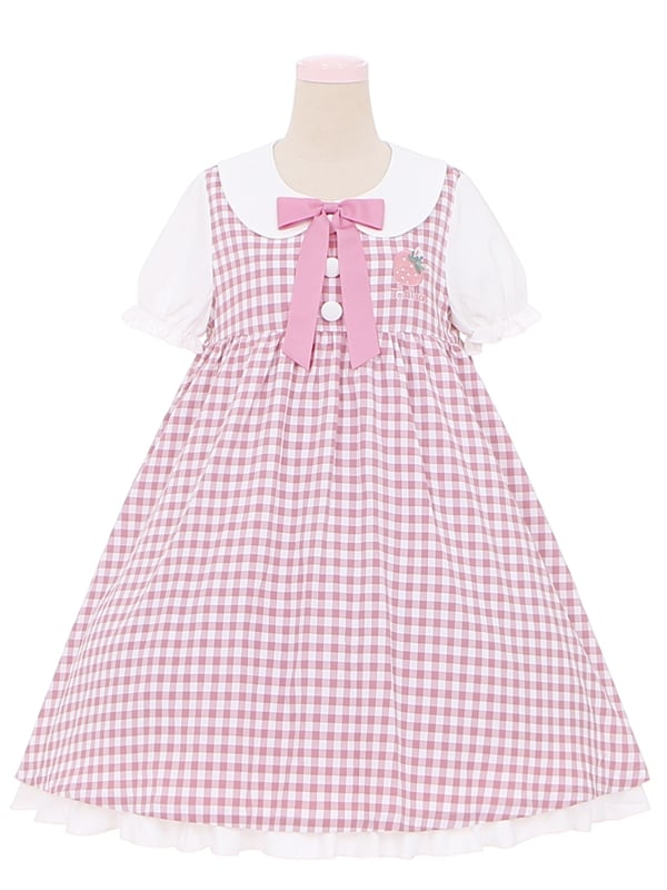 Robe à carreaux rose fraise à col Peter Pan et manches courtes bouffantes