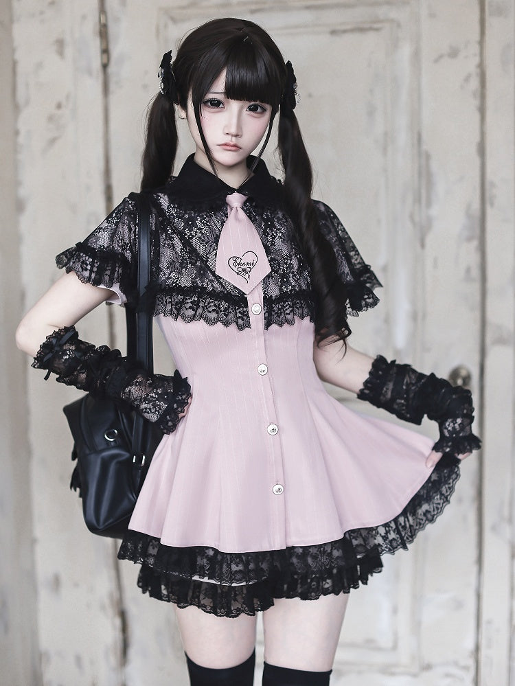 Stripe Dress Set with Lace Cape and Tie - Ekomi