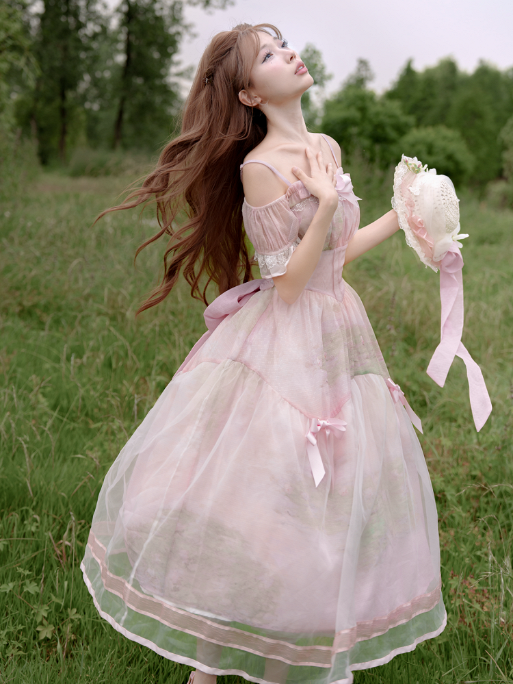 Painting Dress with Organza Overlay Oil Pink Water Lily Print Basque Waist Light