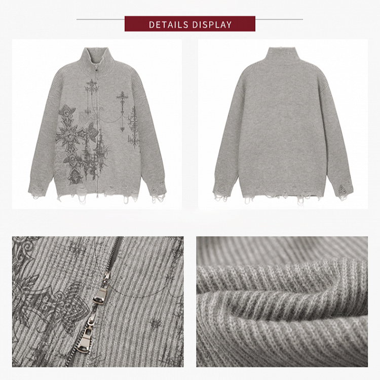 Edgy Gothic Cross Print Gray Distressed Oversized Cardigan Sweater