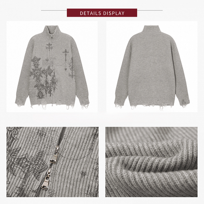 Edgy Gothic Cross Print Gray Distressed Oversized Cardigan Sweater
