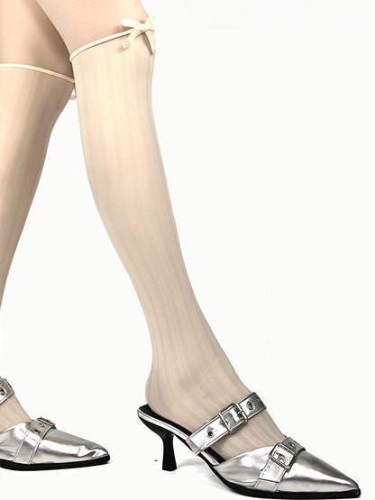 Tights Black/Beige Decorated Bowknot Striped