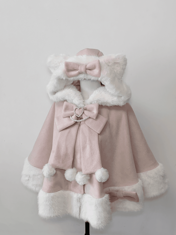 Style Wool Jirai Kitty in Kei - Cape Hooded Plush Pink Ears Kawaii Coat