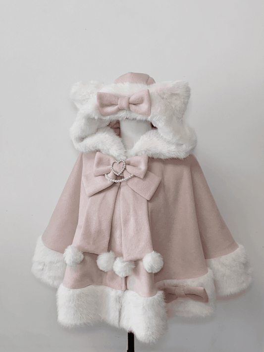 Style Wool Jirai Kitty in Kei - Cape Hooded Plush Pink Ears Kawaii Coat