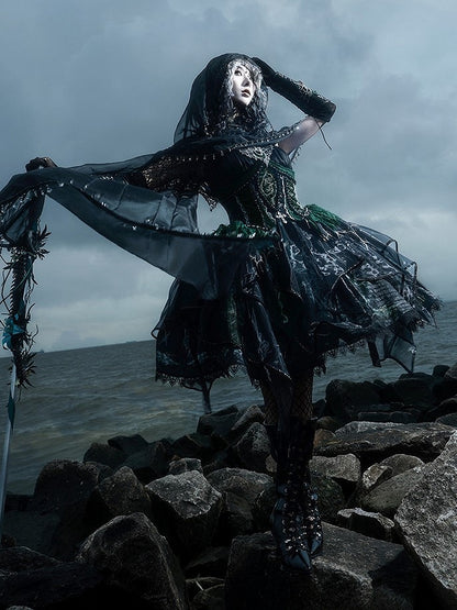 Black & Green Bone Dragon Embroidery Halter Neck Gothic Lolita Dress Set - Ying Luo Fu