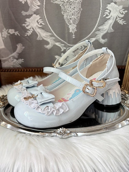 Bow Round Cute - Pumps Lolita Toe Mid-heel Pudding Decor Jane Heel Mary with Shoes Blue Shape Sweet