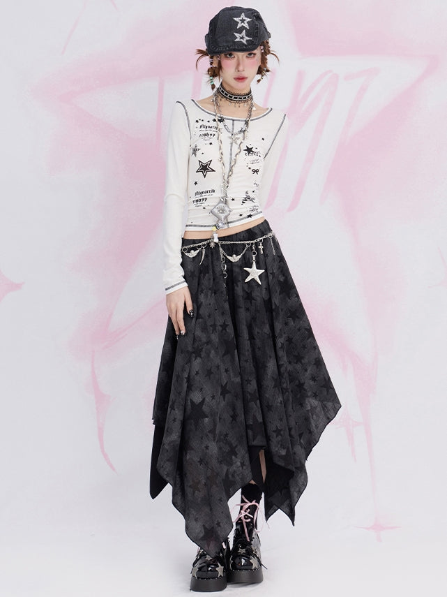 Weißes, kurzes Top mit Rundhalsausschnitt und Sternenmuster