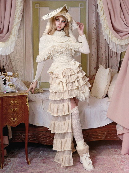 Cable Knit Shawl Cream White Fringe-Edged with Thick