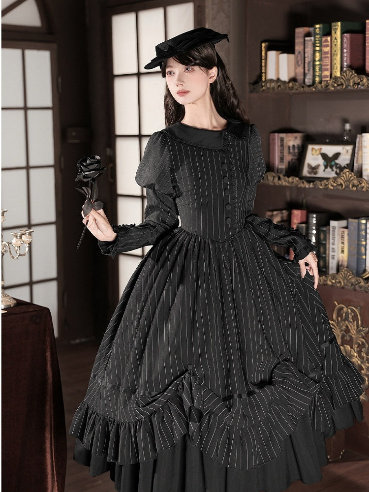 Black Striped Long Sleeve Lolita OP Dress Full Set with Mini Hat & 2-Way Bow Brooch - With PUJI