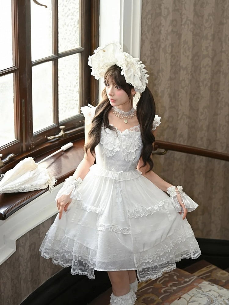 Lace Ruffled Trim Lolita JSK White Flutter Sleeves Butterfly Accent