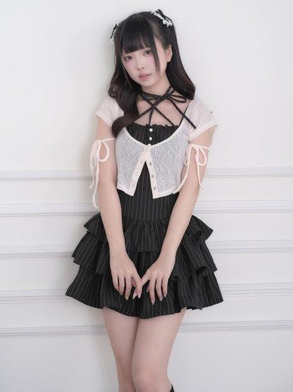 Jirai Kei Black Striped Tiered Ruffle Camisole Dress White Cropped Top Set - No Genki