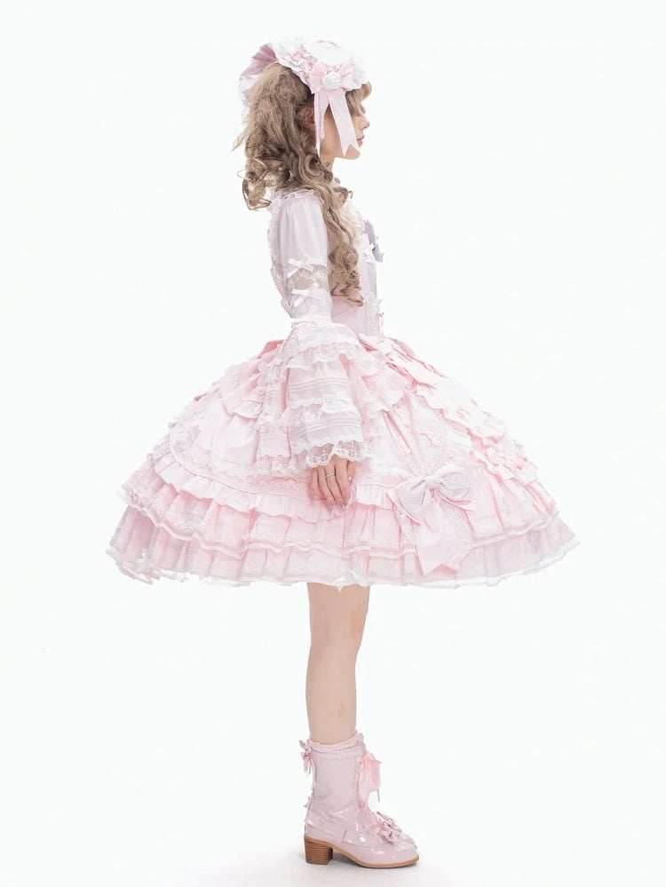 Pink Layered Hem with Ruffle Bust Dress Under Sweet Bow Lolita Accents