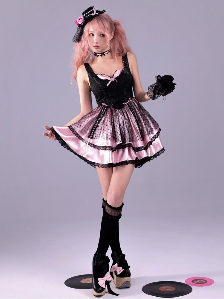 Black & Pink Hime Gyaru Baroque Embossed Boned Waist Tiered Dress