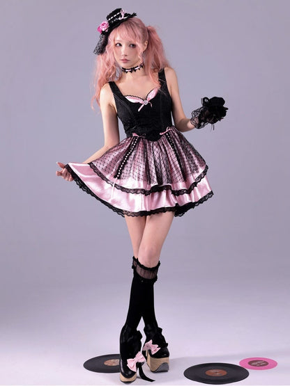 Black & Pink Hime Gyaru Baroque Embossed Boned Waist Tiered Dress