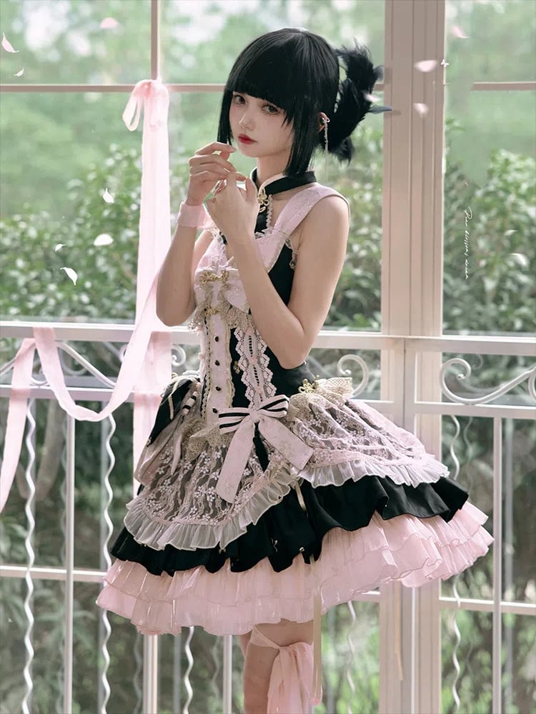 Black and Pink Corset Waist Qi Lolita Dress with Big Bow