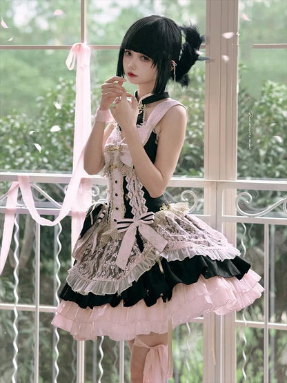 Black and Pink Corset Waist Qi Lolita Dress with Big Bow