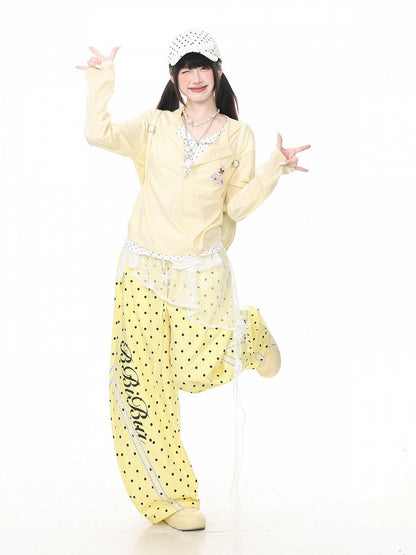 Yellow Polka Dot Fake Two-Piece Long Sleeve Top with Badge Accents - Languid Park