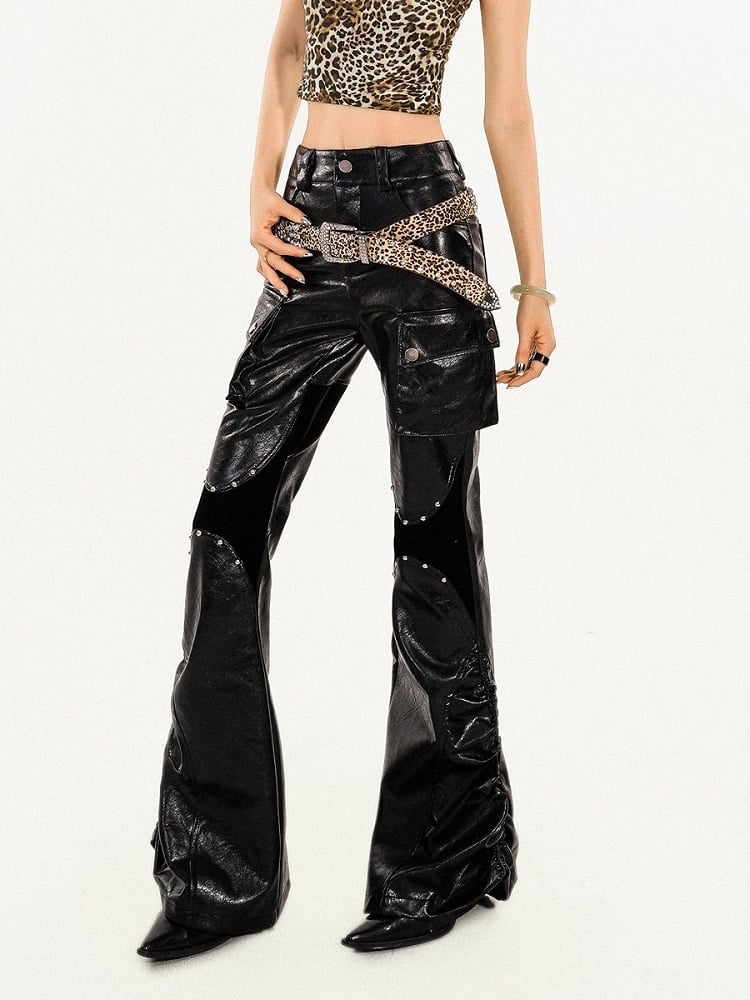 Black/Brown Punk PU Leather Trousers with Pleated Design