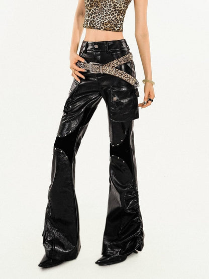 Black/Brown Punk PU Leather Trousers with Pleated Design