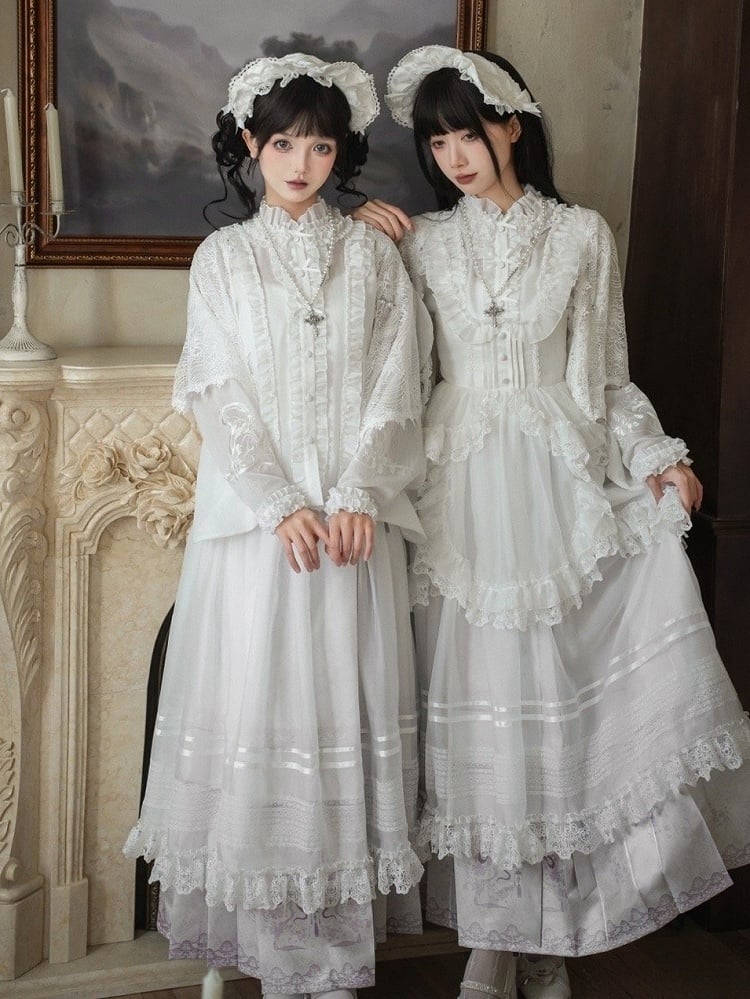 ロングスカート 花柄袖 パープル + ロリータプリント 漢馬顔とライトブラウス ホワイトセット フルスネーク