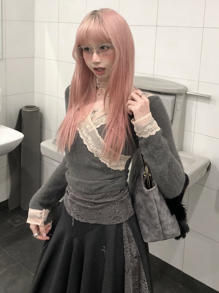 Lace Long Pink Trim Sleeve Top Gray Crossover