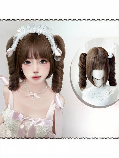 Toffee 55cm Bob with Full Fringe & Double Spiral Curly Clip-On Ponytails - Meow Island Wig