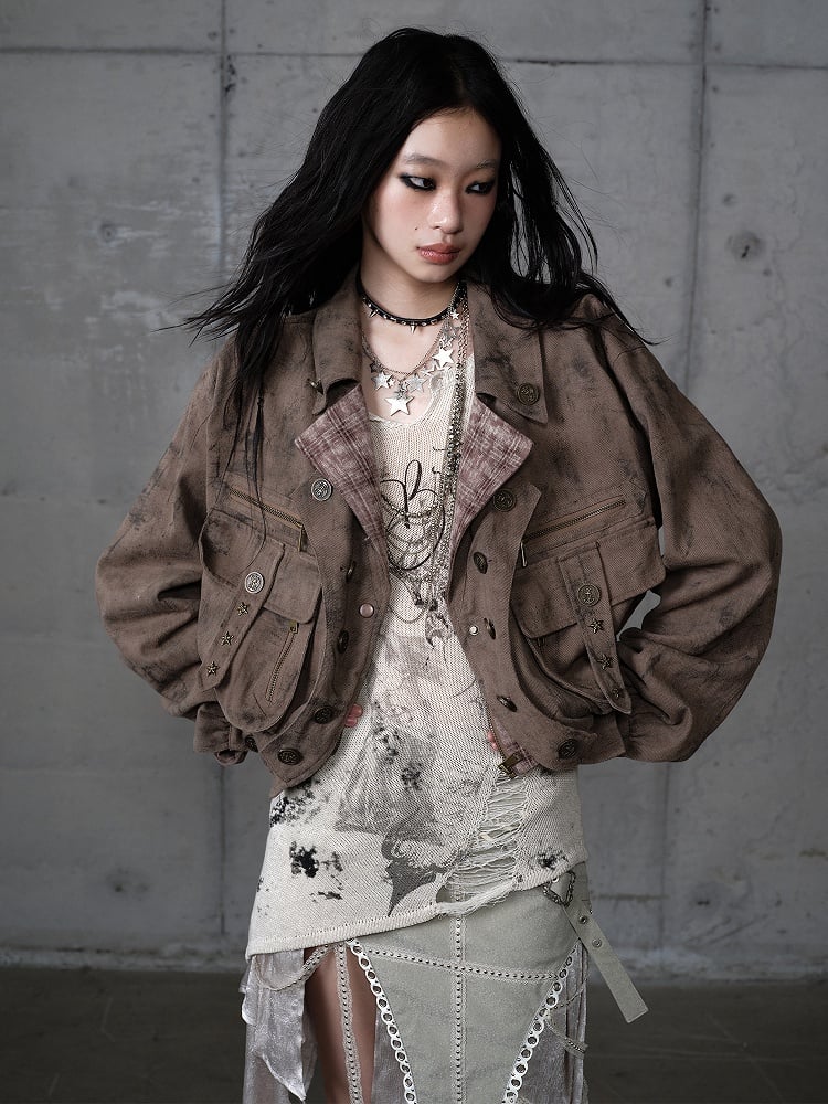 Coffee Pockets Detachable Studded Punk 3D Suede Collar Jacket Fur with Zipped Faux