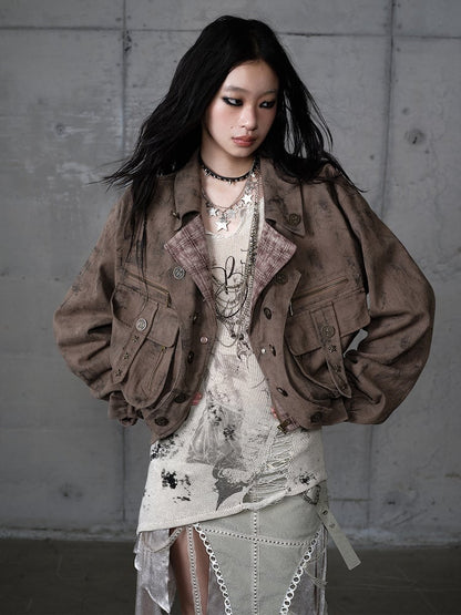 Coffee Pockets Detachable Studded Punk 3D Suede Collar Jacket Fur with Zipped Faux