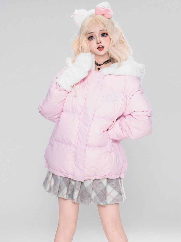 Weiße/rosa/hellblaue Kätzchen-Plüsch-Kapuzenjacke mit dicker Kapuze