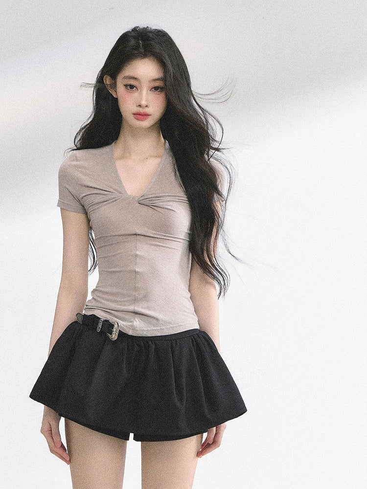 T-shirt Light Gray Twist Detail Neckline Slim-fitting