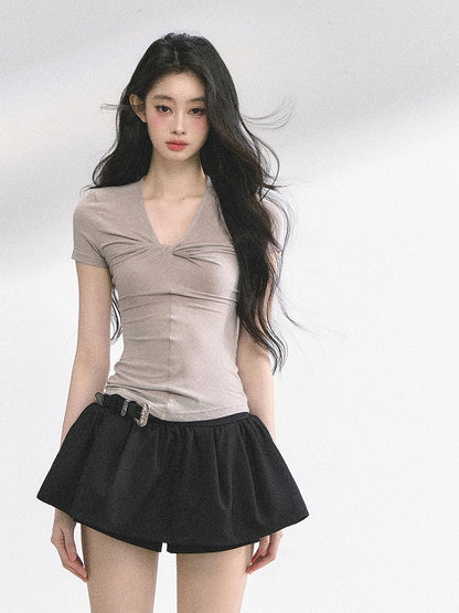 T-shirt Light Gray Twist Detail Neckline Slim-fitting