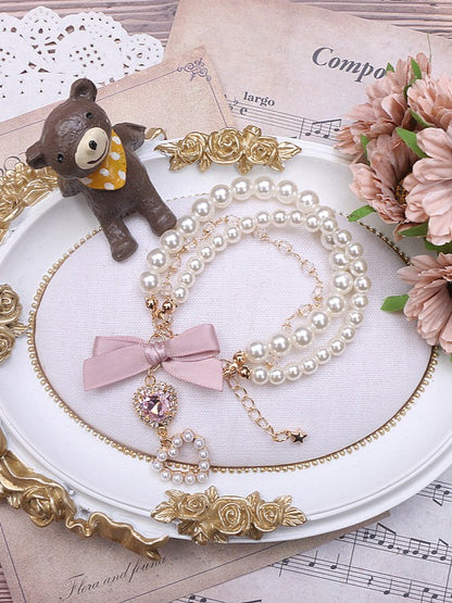 Black / Three-Layer Kei Rhinestone Chain Pink Bracelet Heart Jirai Pearl