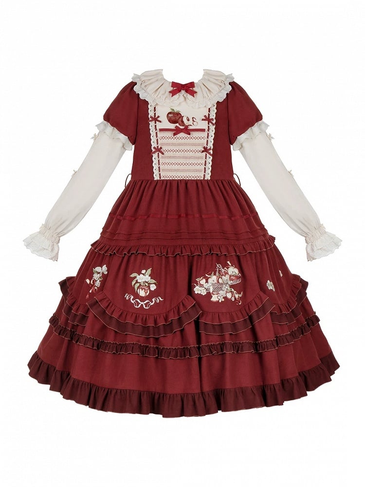 Wine Red Apple Embroidered OP Dress Set with Peter Pan Collar, Long Sleeves, Ruffle Trim, Belt, Brooch & Bow Hairclip - With PUJI