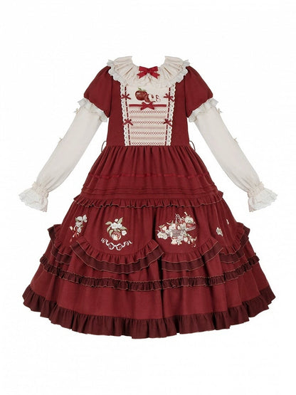 Wine Red Apple Embroidered OP Dress Set with Peter Pan Collar, Long Sleeves, Ruffle Trim, Belt, Brooch & Bow Hairclip - With PUJI
