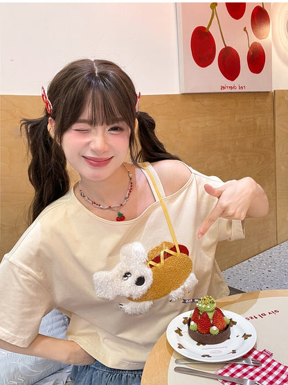 子犬のアップリケTシャツ 非対称ネックライン ホットドッグ アプリコットデザイン