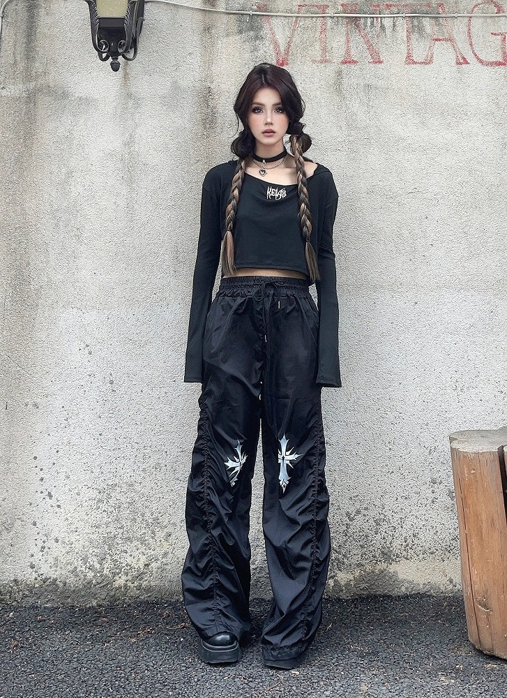 ウエストクロスプリントデザイン ドローストリング ブラック ルーシュ カジュアルパンツ