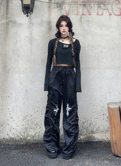 ウエストクロスプリントデザイン ドローストリング ブラック ルーシュ カジュアルパンツ