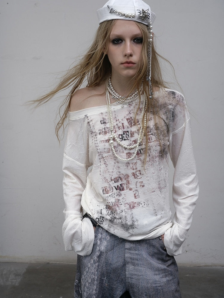 ウェイストランドパンクレターロングトップ、アシンメトリーブルー/ベージュスリーブ、ネックラインプリント