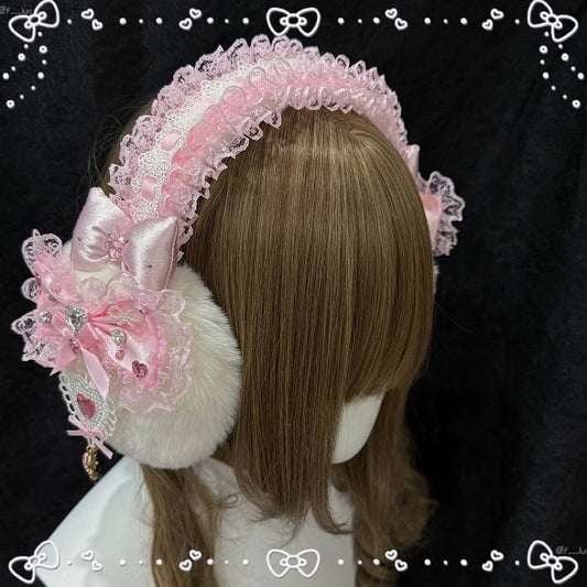 Earmuffs Bow with Texture Lace Gyaru Fashion Pink Hime Fuzzy