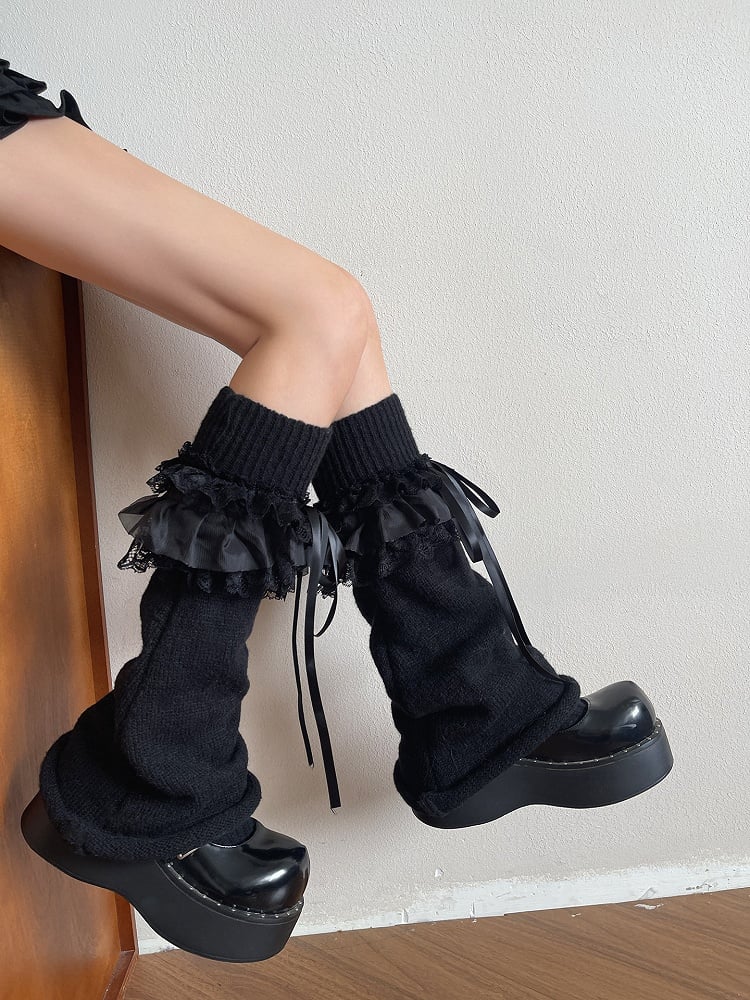 / Lace Accents Ribbon White Ribbed Leg Ruffled Warmers with Black