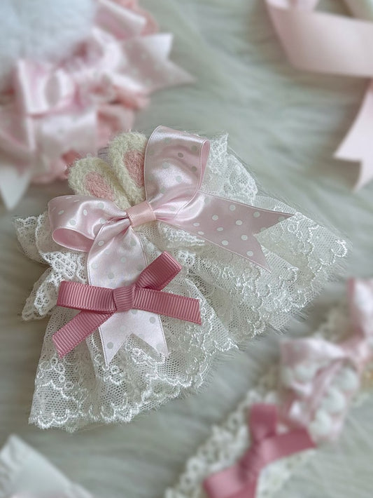 Wrist Cuffs Pink Bow Pattern Lace Polka-dot